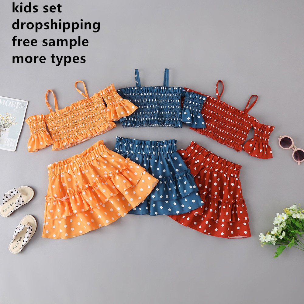 Summer Sweet Kids Girls Polka Dot Printed Ruffles Off Shoulder Tops Layered Skirts Children dress Wear Two Piece Clothes Sets