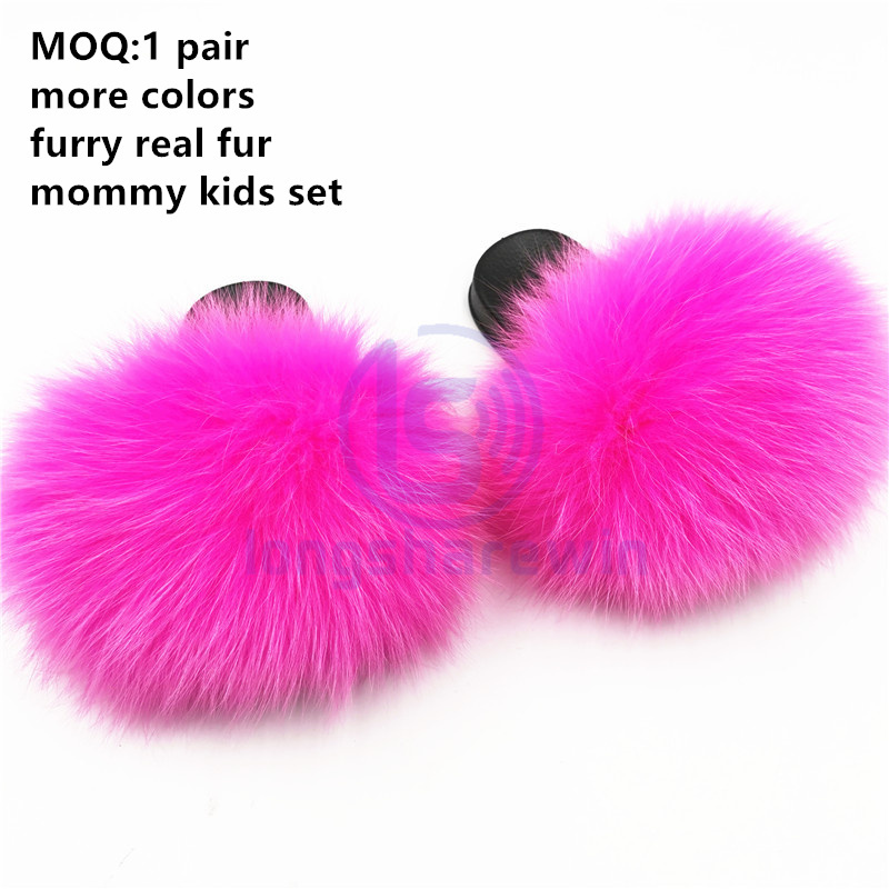 Wholesale 2022 custom colors logo free sample brown fluffy furry real big fox fur  raccoon fur slides slipper for women and kids