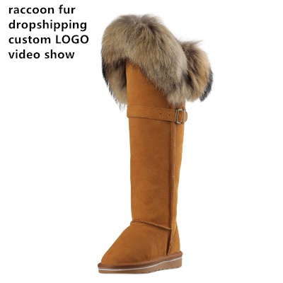 Customized LOGO waterproof brown leather sheepskin high end fluffy raccoon fur shoes leather long snow boots for women winter