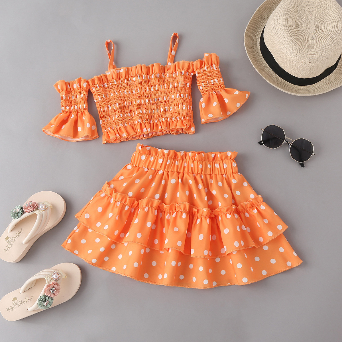 Summer Sweet Kids Girls Polka Dot Printed Ruffles Off Shoulder Tops Layered Skirts Children dress Wear Two Piece Clothes Sets