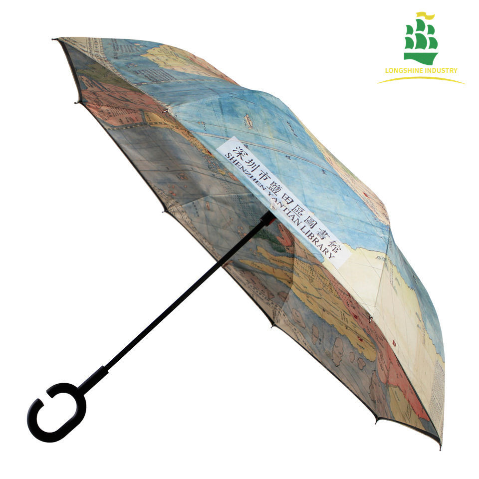 LS   Stock Custom Double Layer Inside Out C Shape Handle Inverted Digital printing Reverse Umbrella With Logo Prints