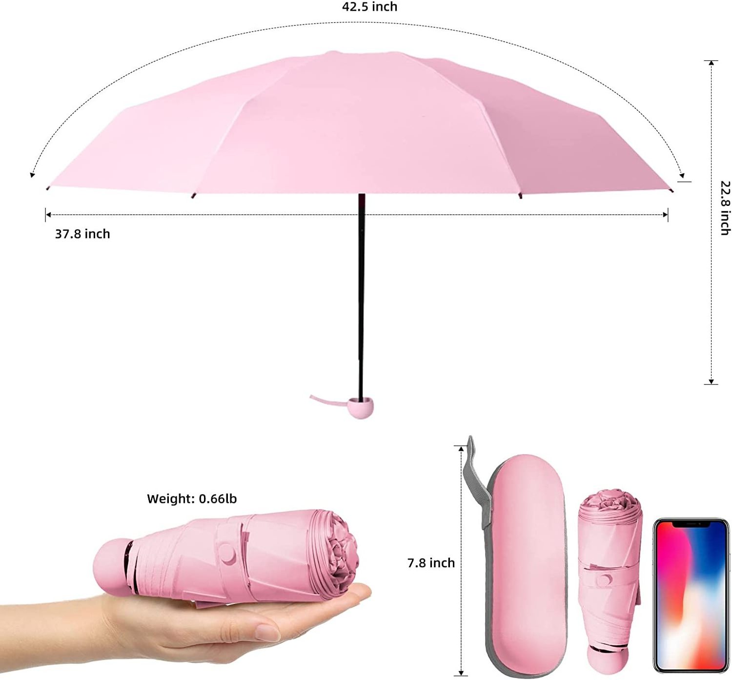 LS Hot Trenovo Travel Umbrella - Mini Folding Compact Umbrella with Case, 8 Ribs Lightweight Portable Umbrella, Small Sun & Rain