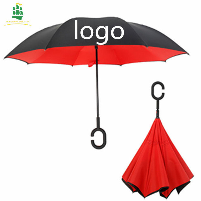 LS In Stock   Colorful Double Layer Windproof Inside Out C Shape Handle Inverted Reverse Umbrella With Logo Prints