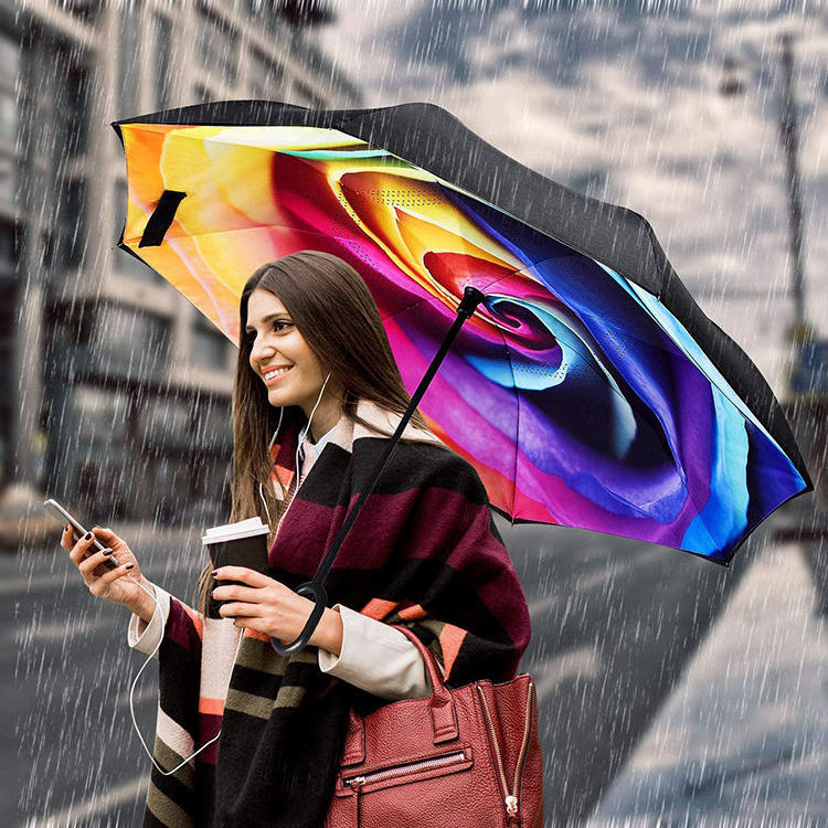 LS In Stock   Colorful Double Layer Windproof Inside Out C Shape Handle Inverted Reverse Umbrella With Logo Prints