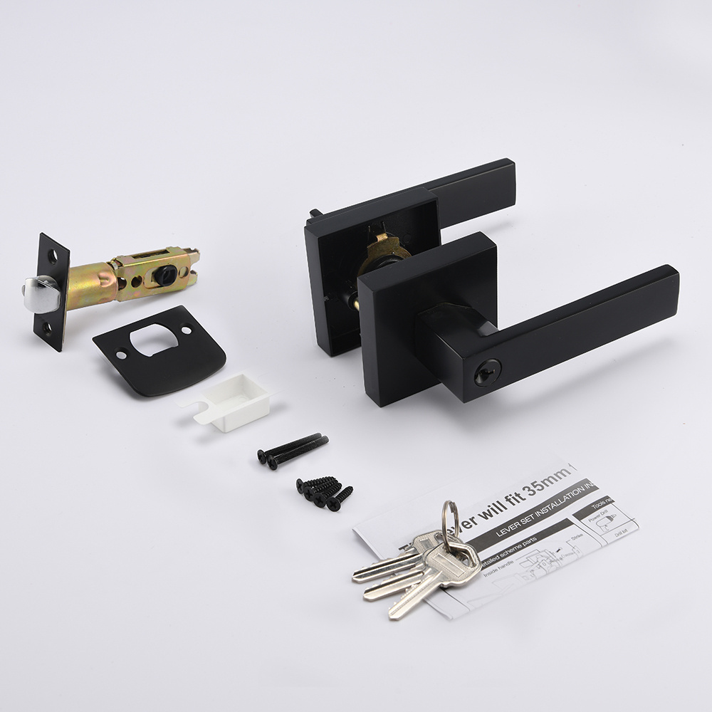 Zinc Alloy Matt Black Square Rose and Door Handle Lockset Tubular Lever Lock with Keys for Entry Interior Door