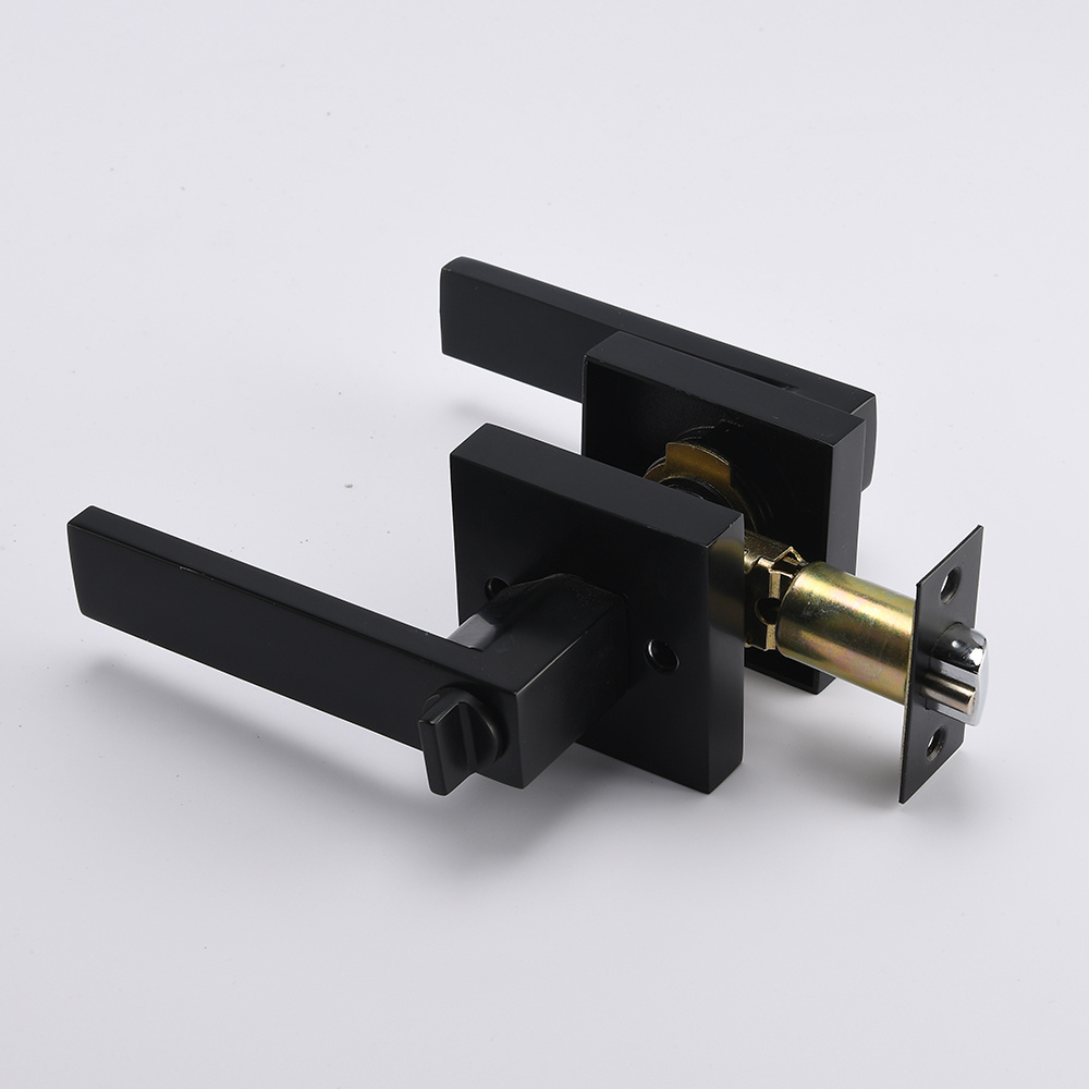 Zinc Alloy Matt Black Square Rose and Door Handle Lockset Tubular Lever Lock with Keys for Entry Interior Door