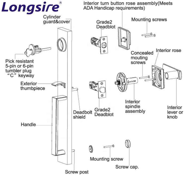 American door lock double latch zinc alloy entrance door handle set