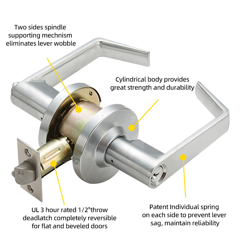 ANSI Grade 2  Commercial Cylindrical Leverset Locks Stainless Steel Bedroom Interior Safe Door Locks Handle Door Lock Set