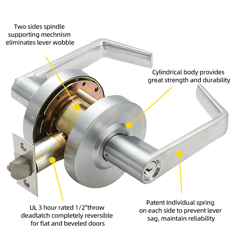 ANSI Grade 2  Commercial Cylindrical Leverset Locks Stainless Steel Bedroom Interior Safe Door Locks Handle Door Lock Set