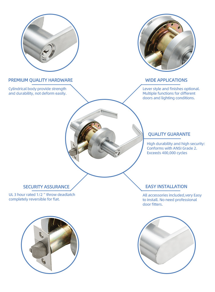 ANSI Grade 2  Commercial Cylindrical Leverset Locks Stainless Steel Bedroom Interior Safe Door Locks Handle Door Lock Set