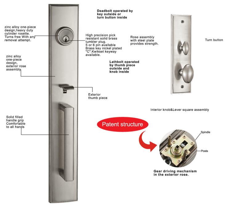 America modern gate lock design residential full set high safety entry handleset hardware front door brass for villa main door