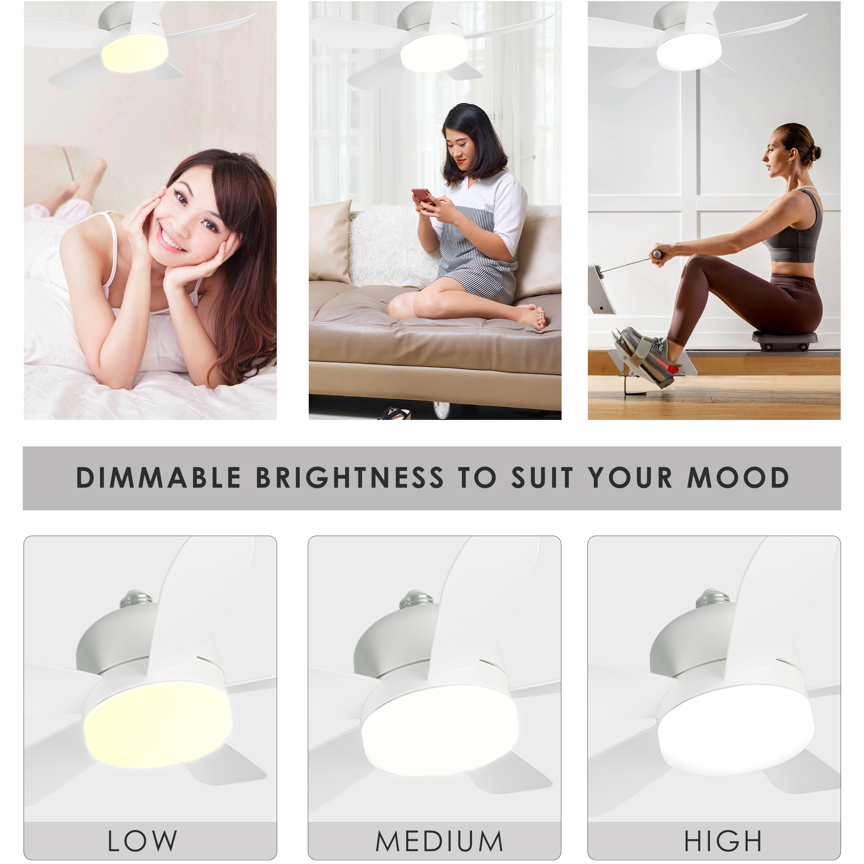 LED farmhouse ceiling fan and light dimmable 16'' home kitchen socket E26 modern white ceiling fan light with remote control