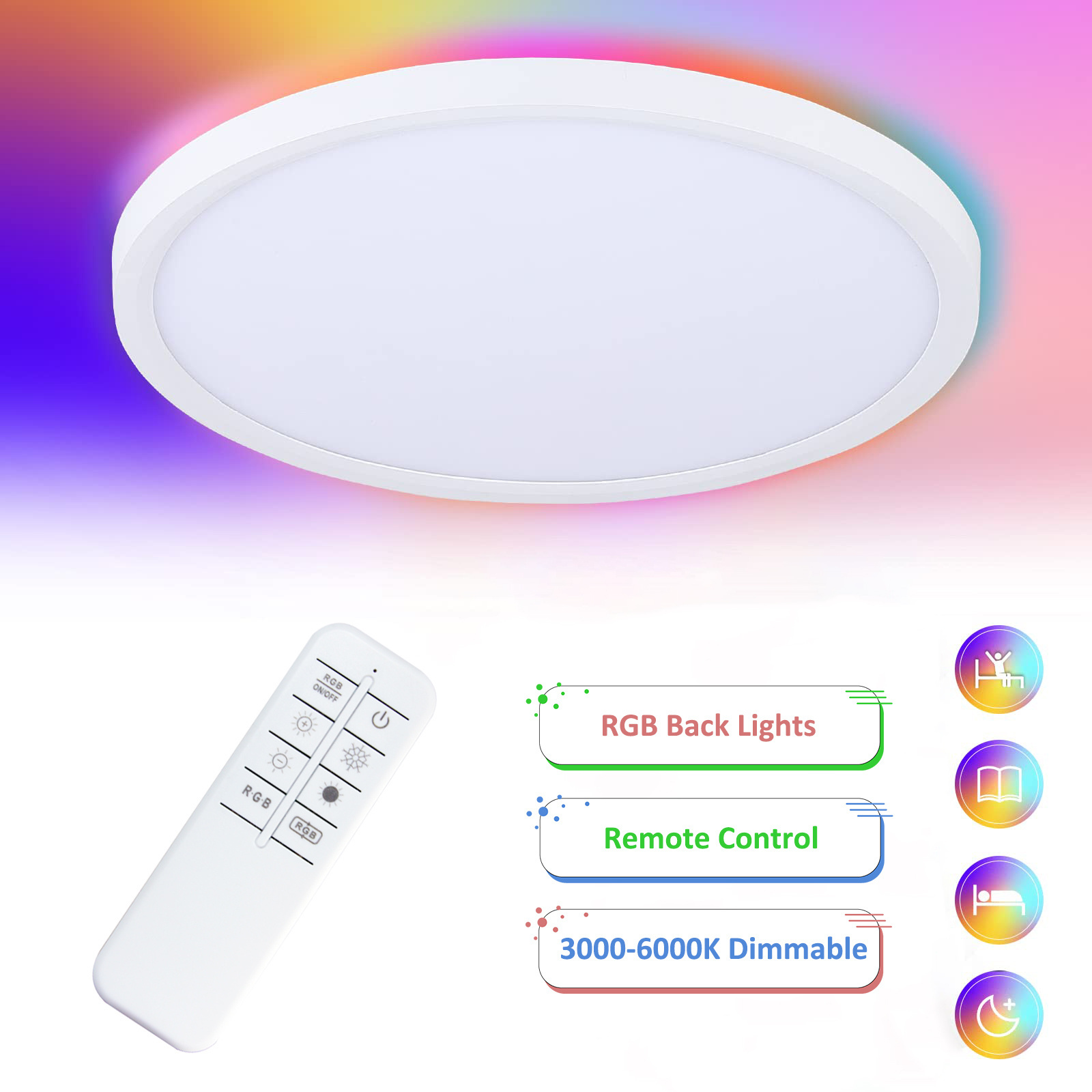 Modern White 12 Inch Ceiling Lamp Dimmable 3000-6500K CE Surface Mount LED Ceiling Light with RGB Back Light and Remote Control