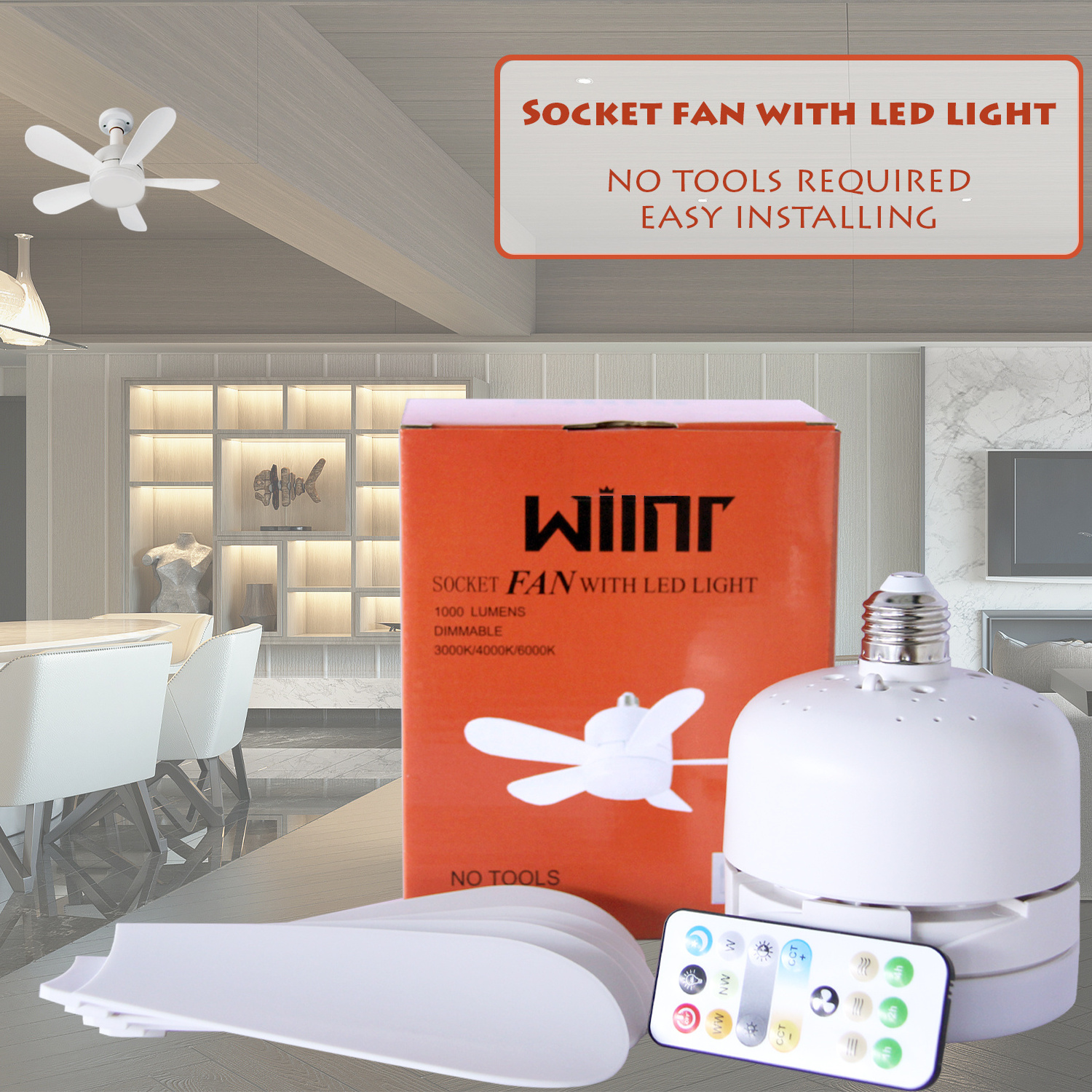 Socket Ceiling Fan Bulb Fan E26 Base Wireless Screw in Ceiling Fan with Light and Remote for Bedroom Living Room Garage Kitchen