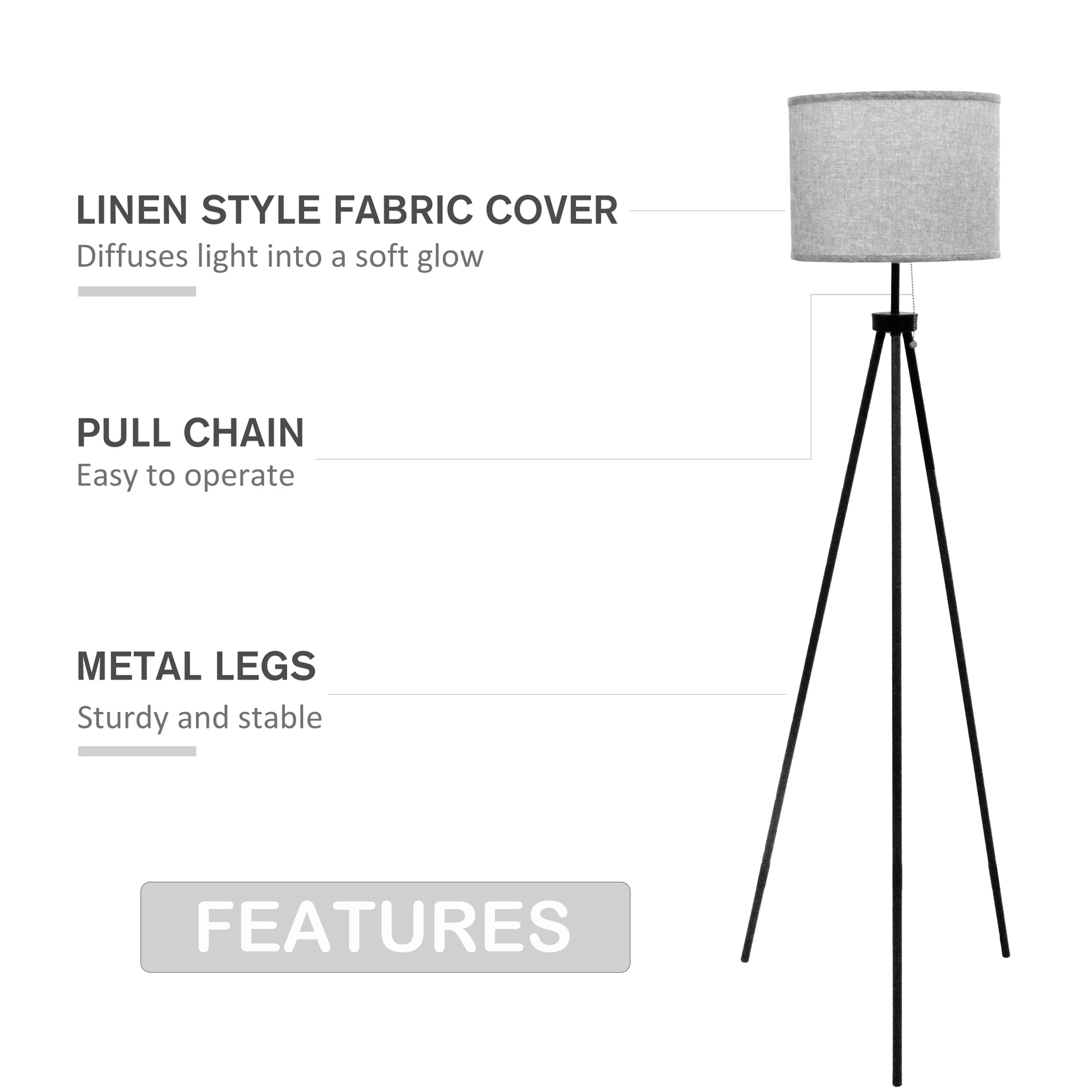 Modern Fabric Lampshade Standing Light E26 Lamp Holder Steel Tripod Pull Chain Standing Floor Lamp for Living Room Bedroom