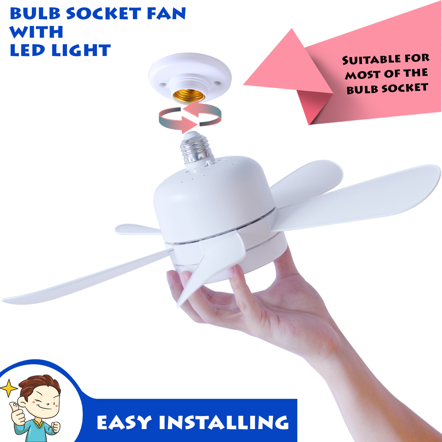 Socket Ceiling Fan Bulb Fan E26 Base Wireless Screw in Ceiling Fan with Light and Remote for Bedroom Living Room Garage Kitchen