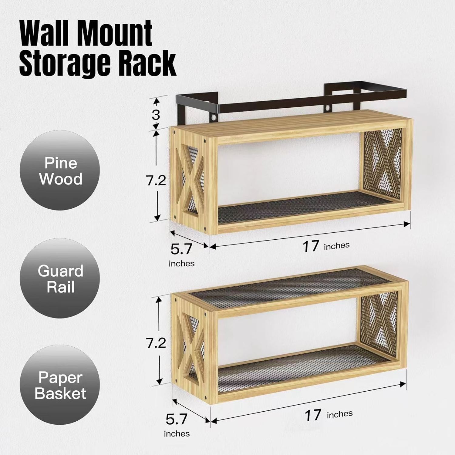 Top Grade Pine Wood Floating Shelves with Guardrail Kitchen Storage Rack Bathroom Wall Organizer for Bathroom Coffee Shop