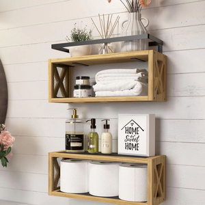 Top Grade Pine Wood Floating Shelves with Guardrail Kitchen Storage Rack Bathroom Wall Organizer for Bathroom Coffee Shop