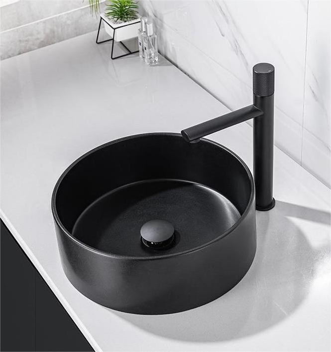 LONGSTAR Round Quartz Stone Black Countertop Bathroom Sink