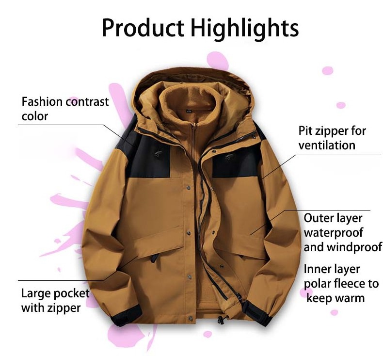 Polyester Full Zipper Winter Mens 3 in 1 Water Repellent Hiking Jacket Line With Inner Fleece Windproof Double Jacket