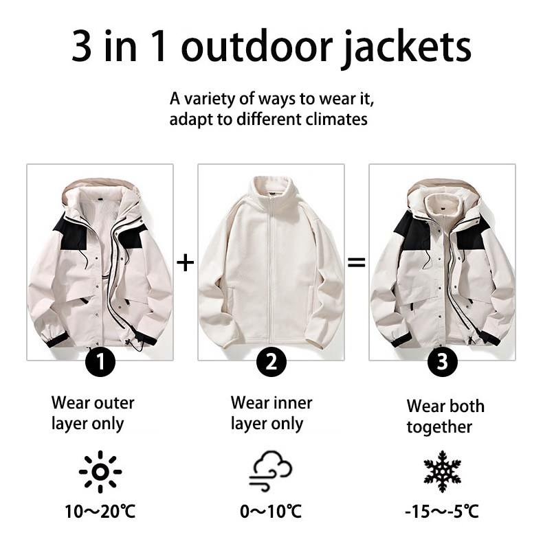 Polyester Full Zipper Winter Mens 3 in 1 Water Repellent Hiking Jacket Line With Inner Fleece Windproof Double Jacket