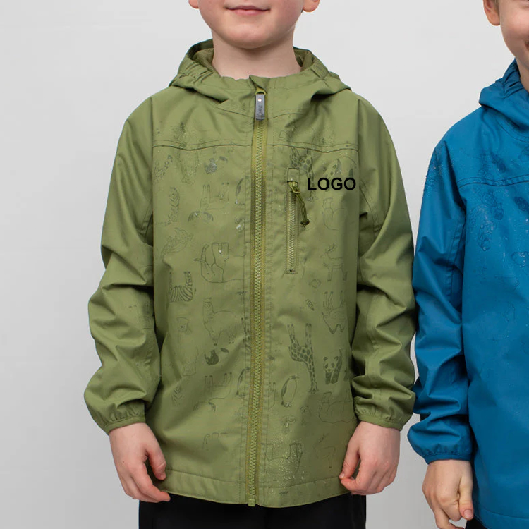 Wet Color Changing Magic Printing Hydrochromic Children Customized Rain Jacket Kids Boy Outdoor Hooded Waterproof Coat