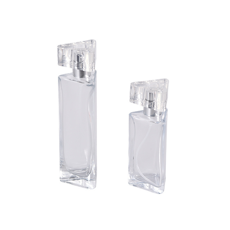 Popular Selling Fancy 30/50ml Reusable Triangle Glass Spray Clear Perfume Bottles With Acrylic Cap