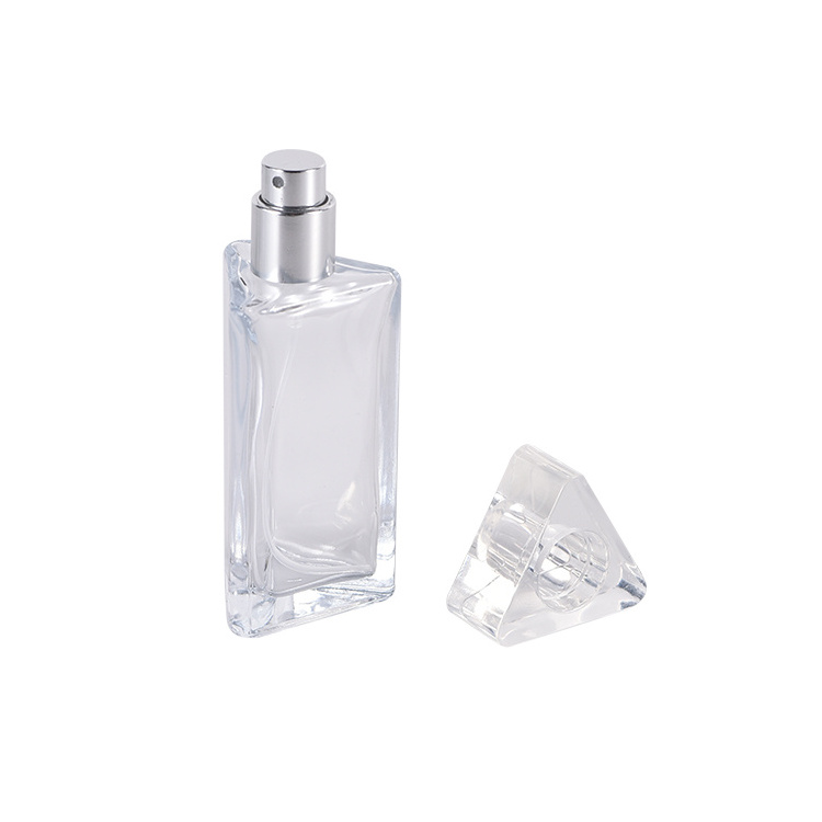 Popular Selling Fancy 30/50ml Reusable Triangle Glass Spray Clear Perfume Bottles With Acrylic Cap