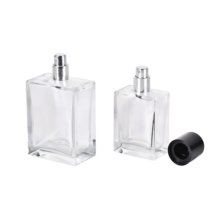 In Stock Rectangular Perfume Bottle 50ml 100ml Glass Body Transparent Clear Color Refillable Spray Bottle Cosmetics Wholesale