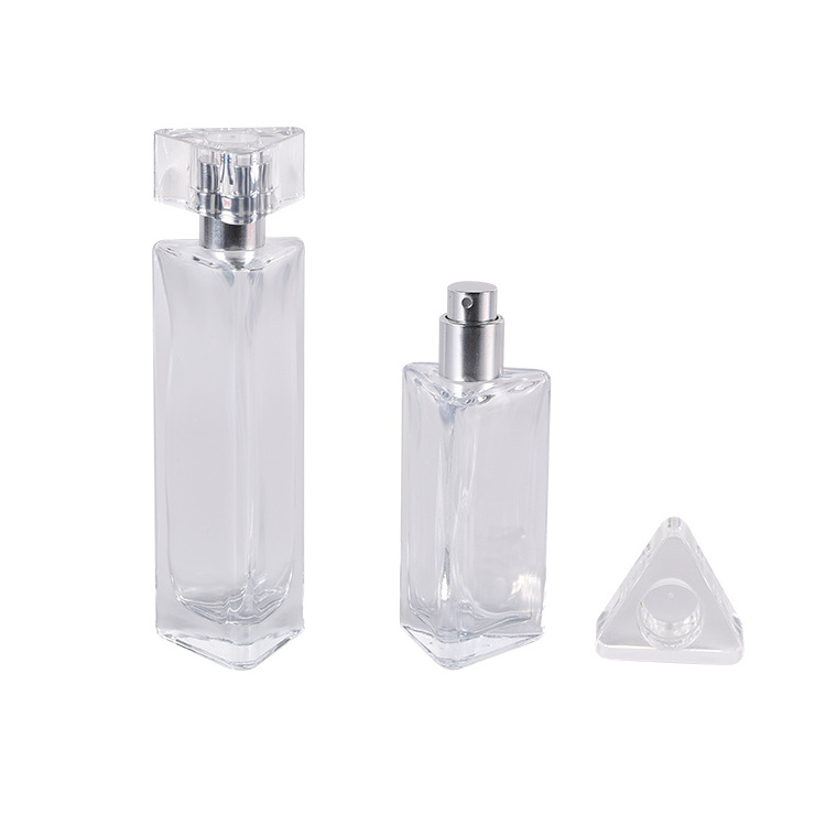 Popular Selling Fancy 30/50ml Reusable Triangle Glass Spray Clear Perfume Bottles With Acrylic Cap