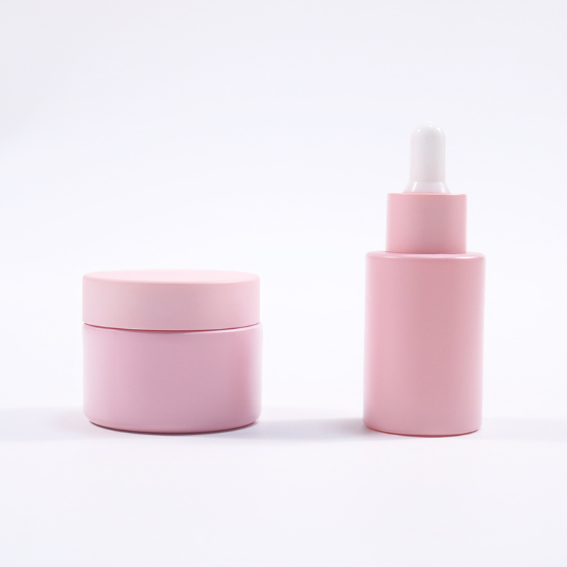 Matte Frosted Pink Skincare Packaging 30ml Glass Dropper Bottle 50ml Airless Pump Jar 100ml 120ml Glass Spray Pump Bottles Oils