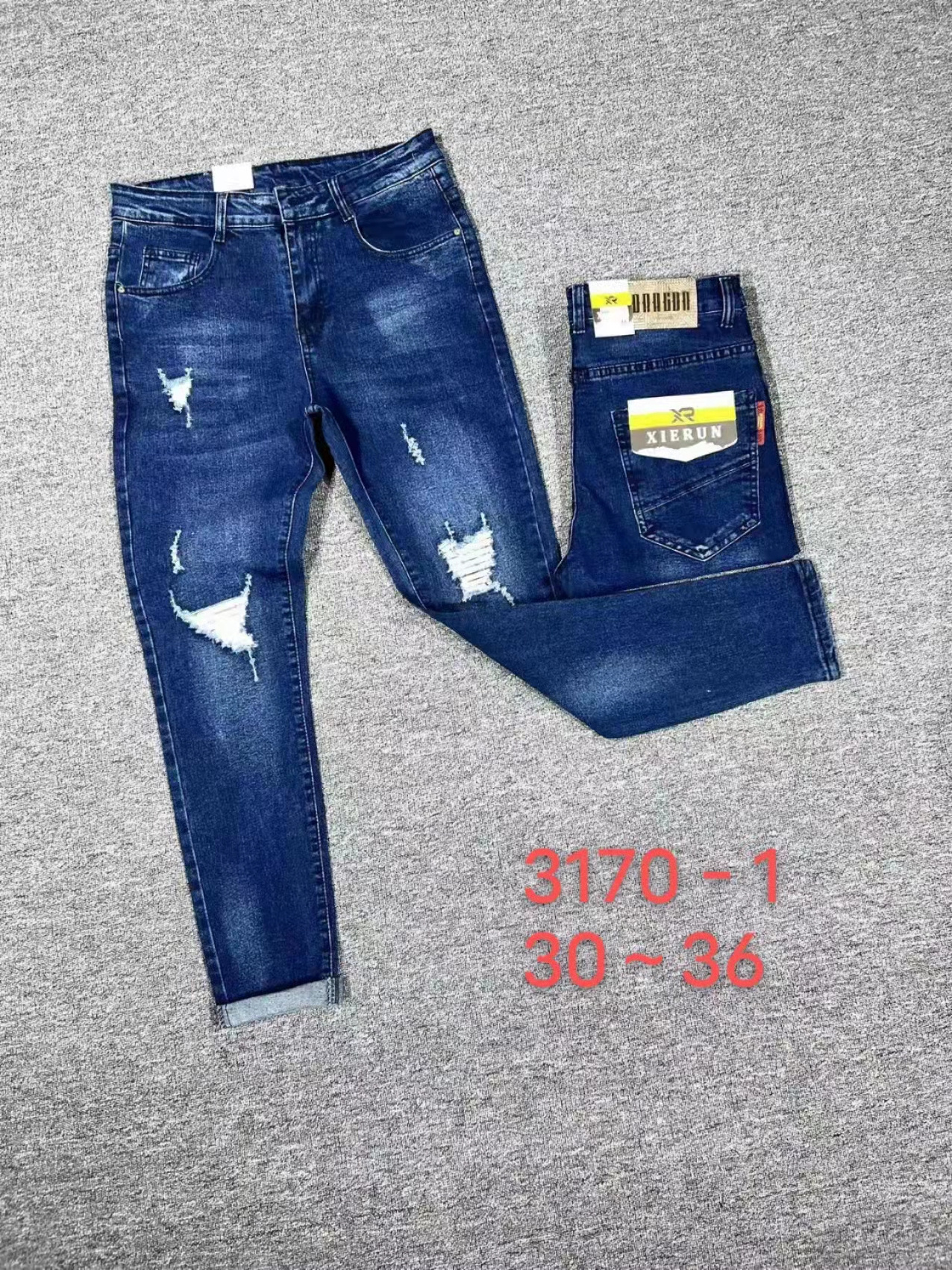 men's  destroy washed medium blue stretched classic denim pants five pockets denim jeans basic denim jeans