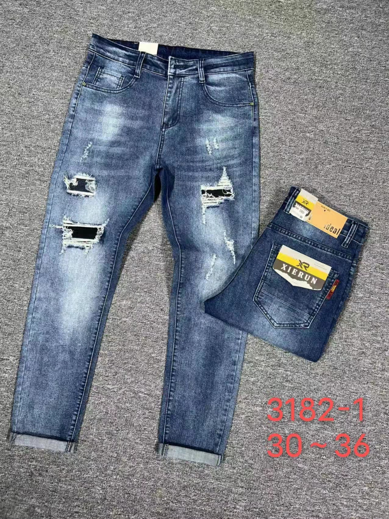 men's  destroy washed medium blue stretched classic denim pants five pockets denim jeans basic denim jeans