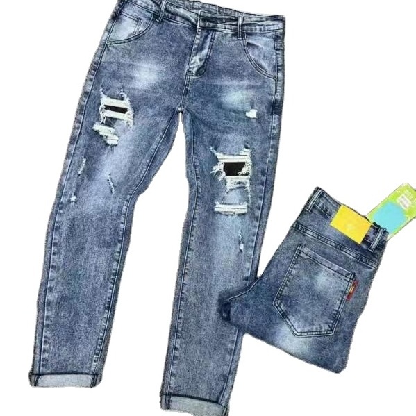 men's  destroy washed medium blue stretched classic denim pants five pockets denim jeans basic denim jeans