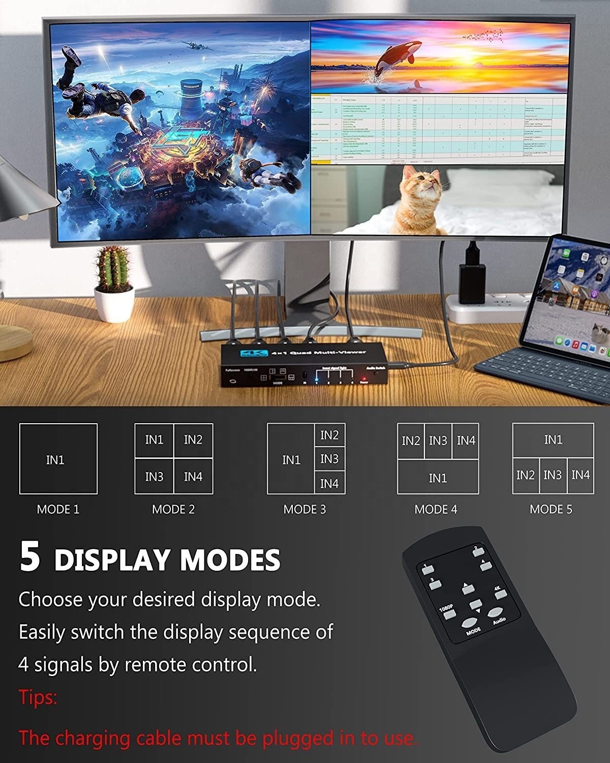 4*1 seamless switching 1080P60HZ 4K30HZ HDMI Switcher Quad Multi-viewer