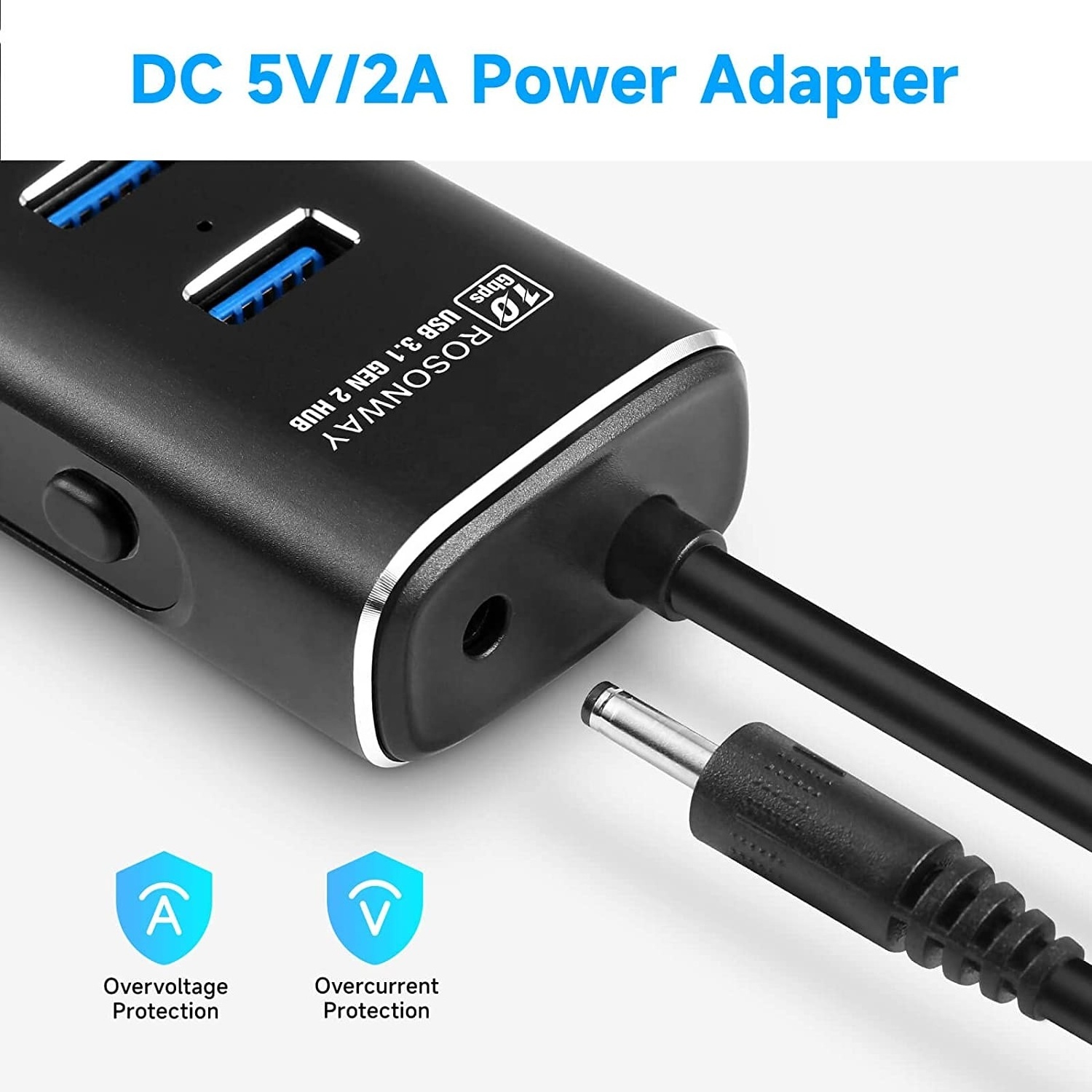 Aluminum Powered 4 Por USB 3.1/3.2 Gen 2 Hub 10Gbps with 3.3ft Data Cable 5V/2A Power Adapter and Individual Switches for laptop