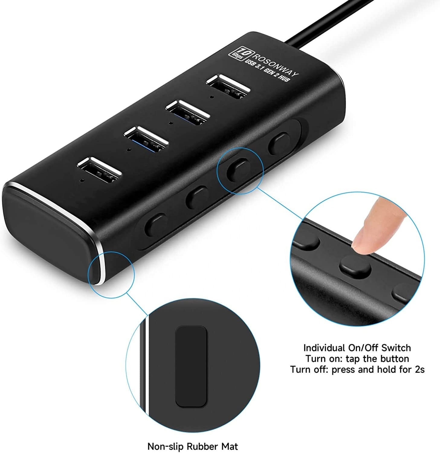 Aluminum Powered 4 Por USB 3.1/3.2 Gen 2 Hub 10Gbps with 3.3ft Data Cable 5V/2A Power Adapter and Individual Switches for laptop