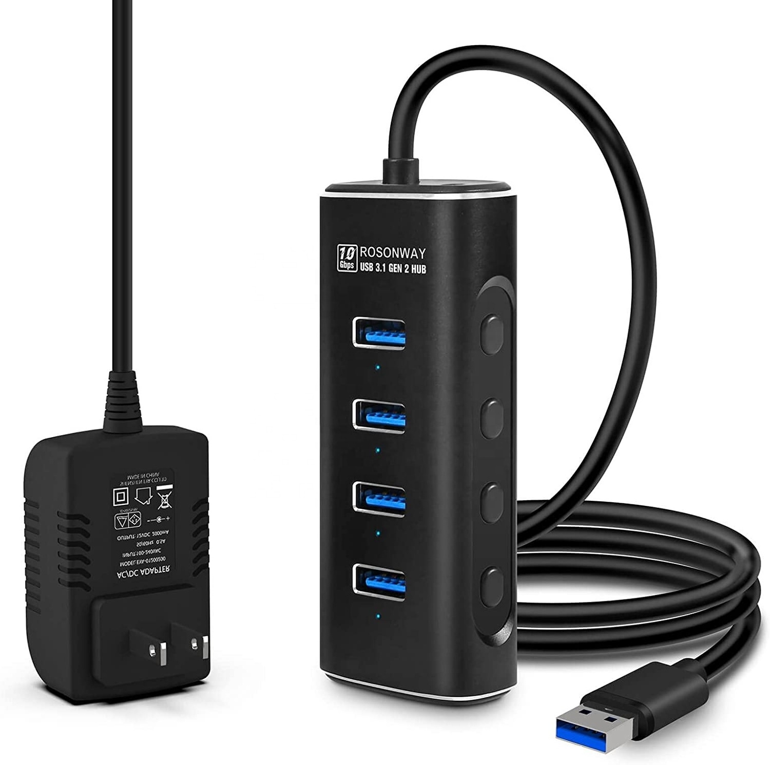 Aluminum Powered 4 Por USB 3.1/3.2 Gen 2 Hub 10Gbps with 3.3ft Data Cable 5V/2A Power Adapter and Individual Switches for laptop