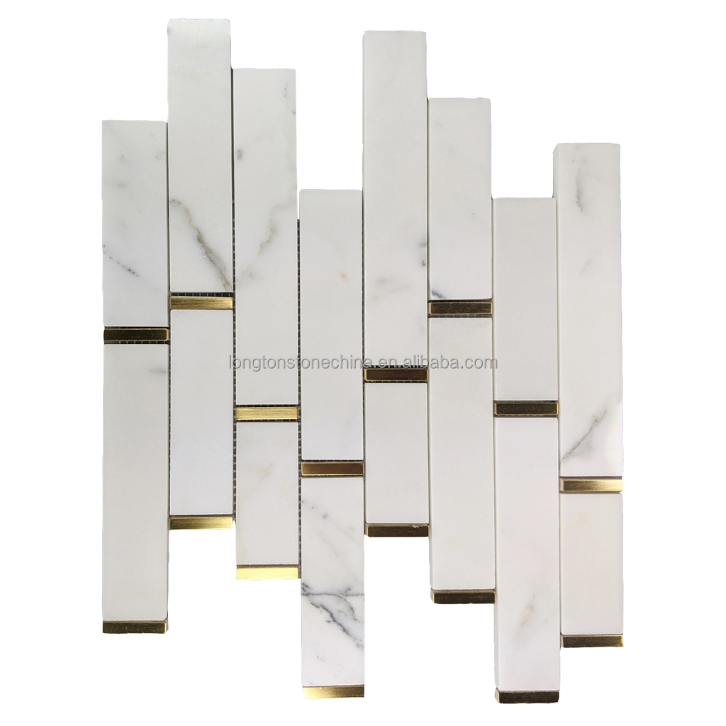 Natural Bianco Carrara White and Gold Metal Waterjet Backsplash Brick Shaped Strip Mosaic Wall Skinny Tile