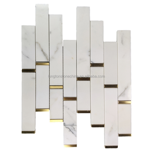 Natural Bianco Carrara White and Gold Metal Waterjet Backsplash Brick Shaped Strip Mosaic Wall Skinny Tile