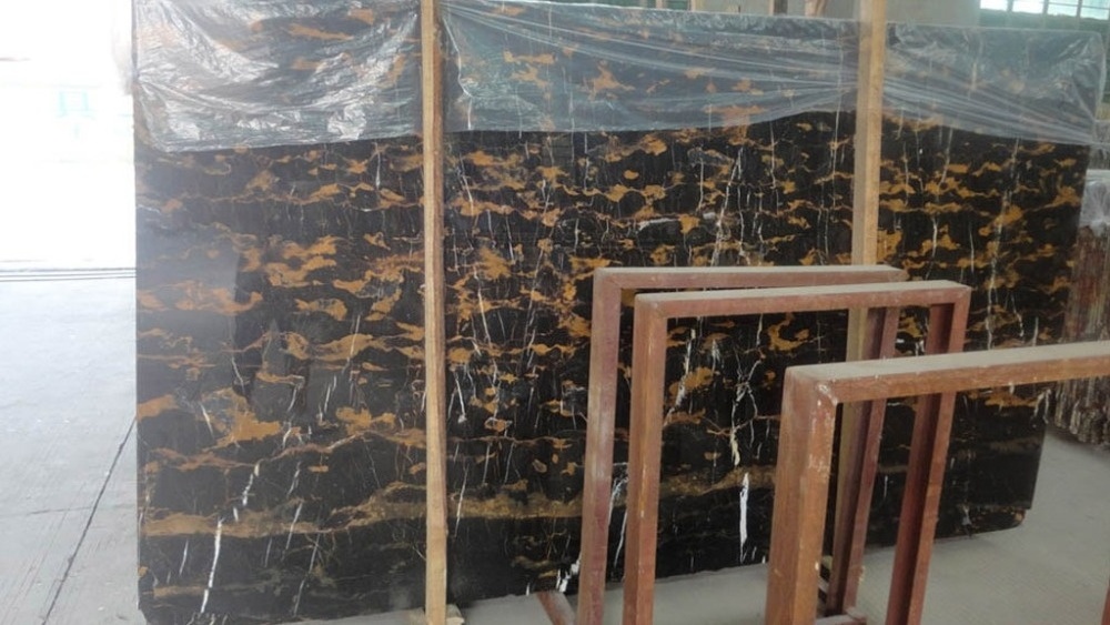 Imported Italian Natural Portopo Marble Price Black And Gold Full Polishing Floor Stone Slab