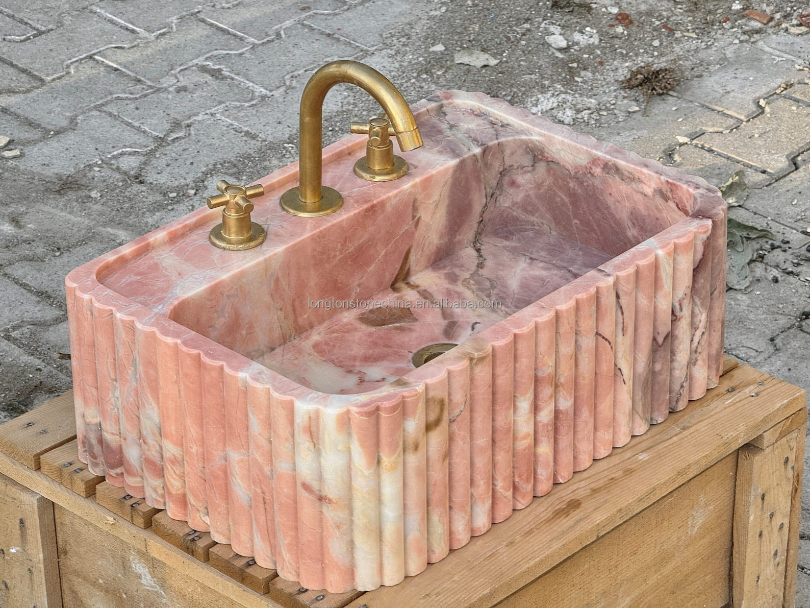 Rectangular Natural Pink Marble Sink Wall Mounted Marble Bathroom Sink Stone Hand Wash Basin Stylish Fluted Marble Sink