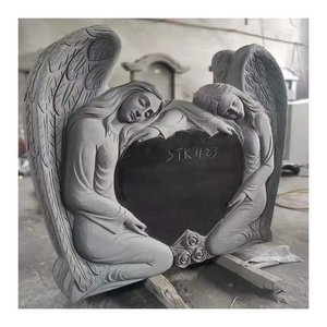 Hot sale Cemetery Black Granite Heart Shaped Headstones Gravestone Double Angel Wings Monuments Headstone For American