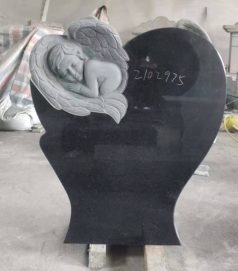 Hot sale Cemetery Black Granite Heart Shaped Headstones Gravestone Double Angel Wings Monuments Headstone For American