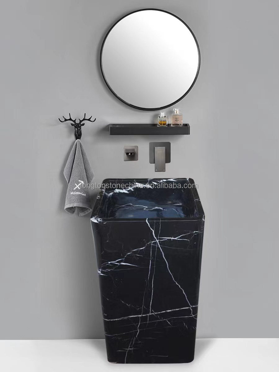 Popular Black Marble Pedestal Sink Natural Stone Wash Basin Freestanding Pedestal Basin Black Bathroom Sink Marble Pedestal Sink