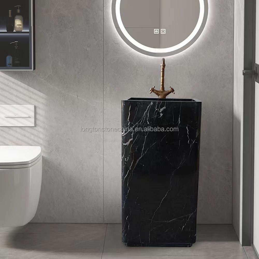 Popular Black Marble Pedestal Sink Natural Stone Wash Basin Freestanding Pedestal Basin Black Bathroom Sink Marble Pedestal Sink