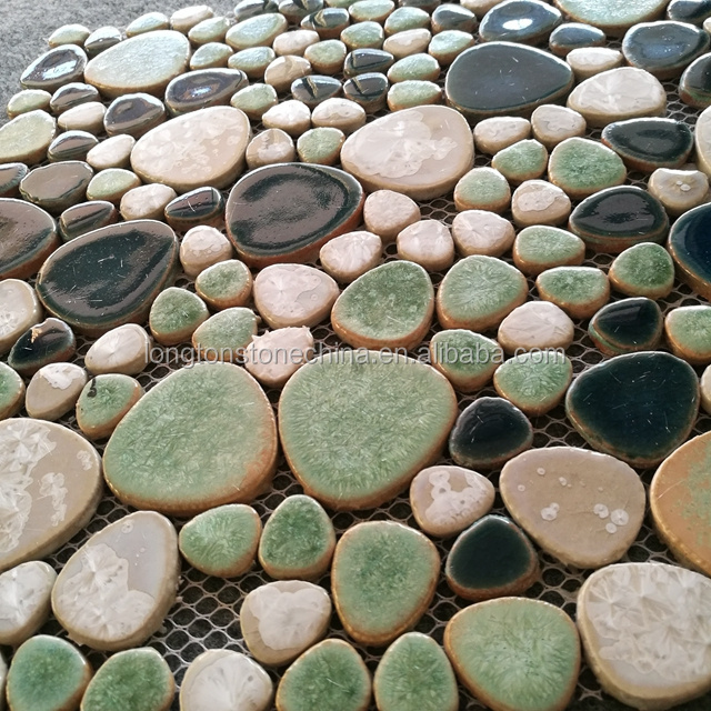 Polish Green White Colours Kitchen Backsplash Pebble Ceramic Mosaic Tiles For Bathroom