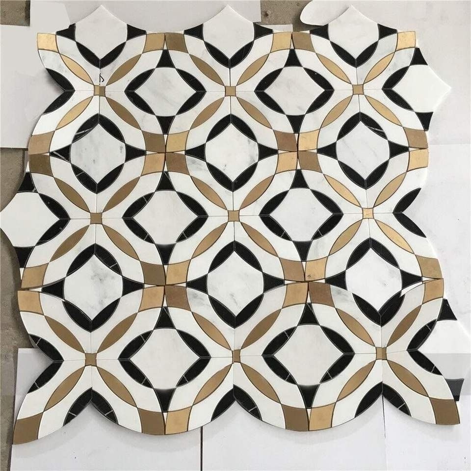 Natural Marble White Thassos & Black Nero with Gold Metal Backsplash Kitchen Bathroom Art Craft Wall Floor Waterjet Mosaic Tile