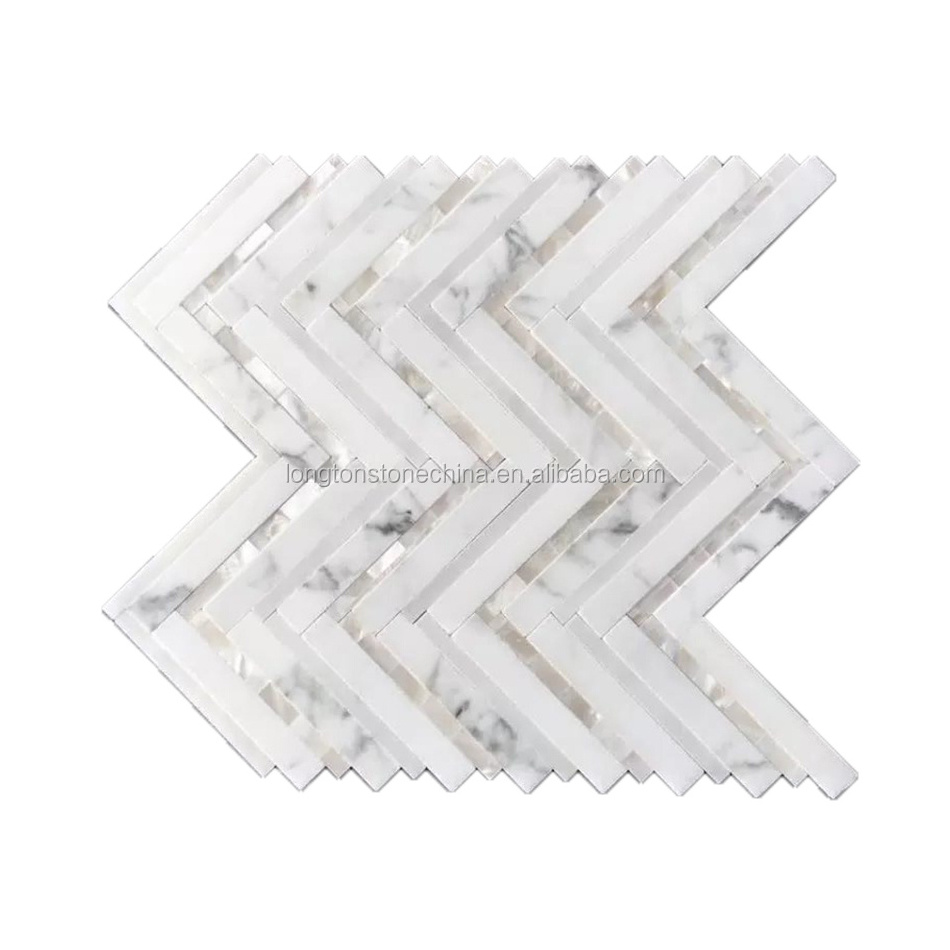 Philippine Products White Shell Mosaics Tile Mix Chevron Marble Water Jet Mosaic