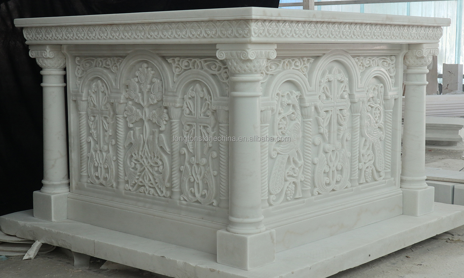 European Relief Patterns Marble Carving Display Pedestals Religious Holy Marble Church Altar Table Marble Bases For Sculptures